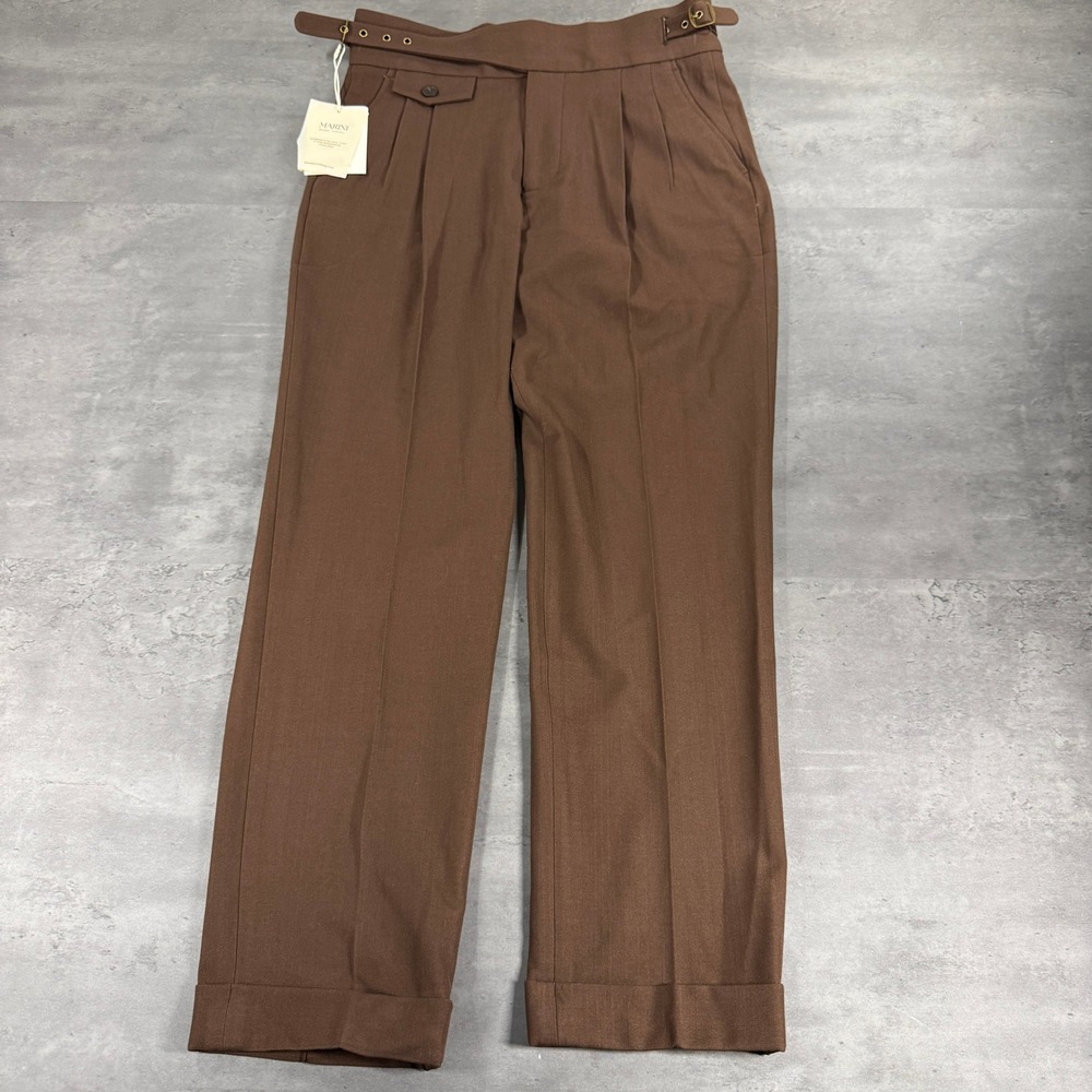Marini Gurkha Pant Trouser Mens 30 Pleated Side Gold Buckle Brown Cuffed NEW